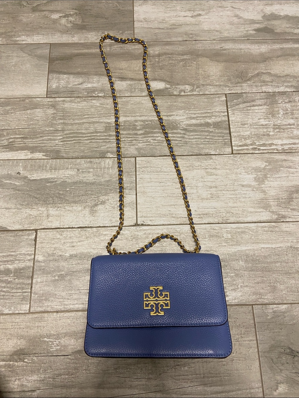 Tory Burch Royal Blue Pebbled Leather Chain Shoulder Bag